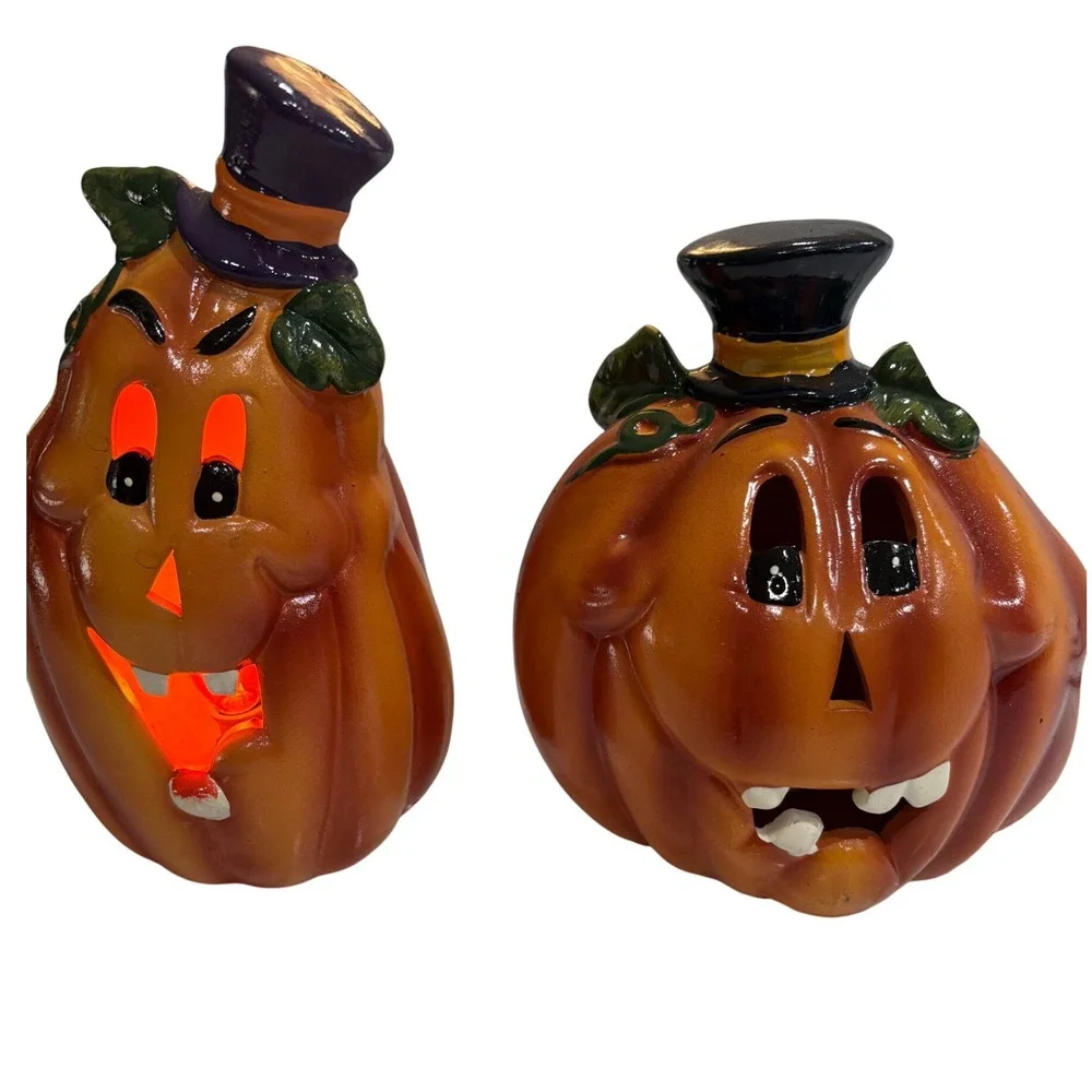 2 Vintage Halloween Ceramic Pumpkin Jack O‎ Lantern Lighted with Top Hats *read